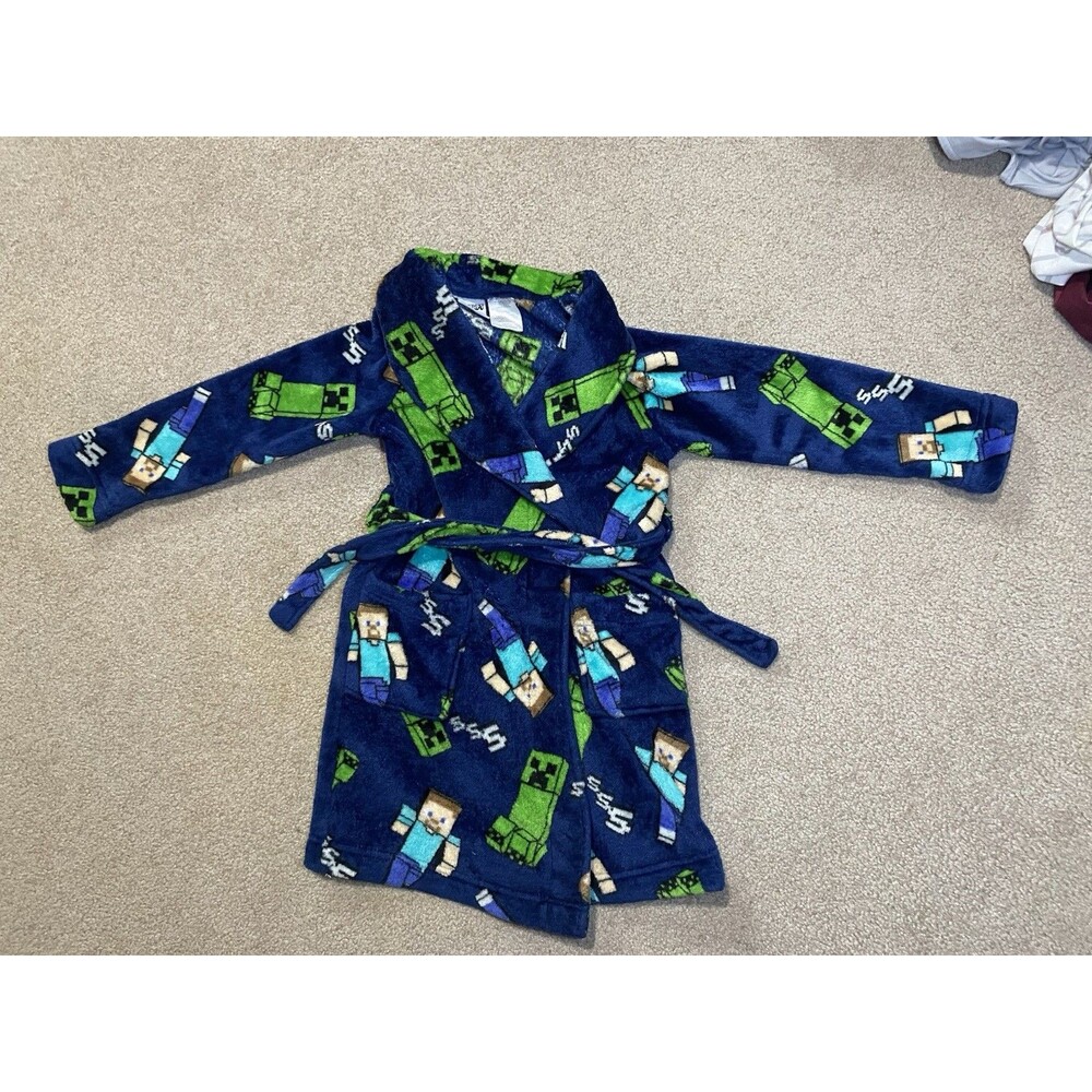 Minecraft Boys Plush Fleece Robe Steve & Creeper Blue Size 6/7